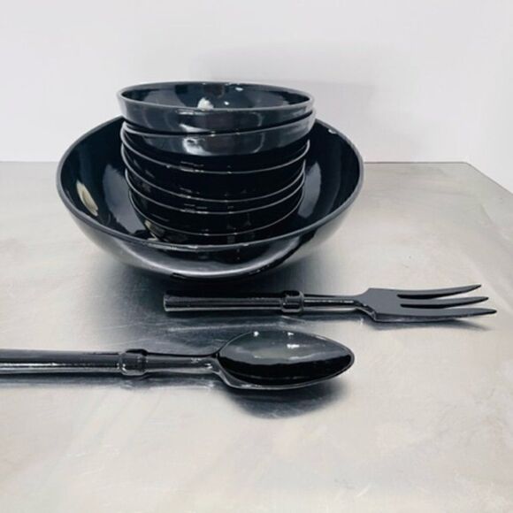 Vtg Japan Large Black Lacquer Ware Gold Embossed Salad Serving Bowl Set Of 9 Set - Picture 12 of 12